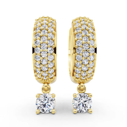 Yellow Gold Round Lab Grown Diamond Pave Hoop Earrings with Charm Drop, front view
