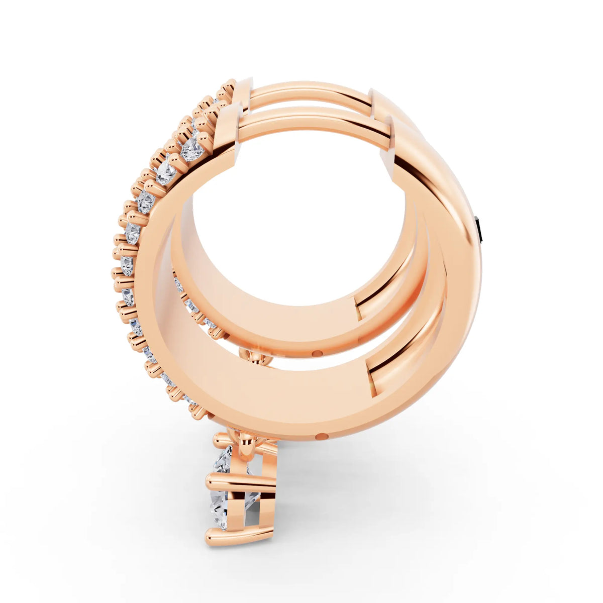 Rose Gold Round Lab Grown Diamond Pave Hoop Earrings with Charm Drop, right side view