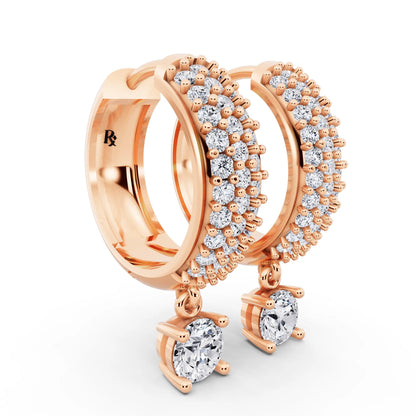 Rose Gold Round Lab Grown Diamond Pave Hoop Earrings with Charm Drop, top view