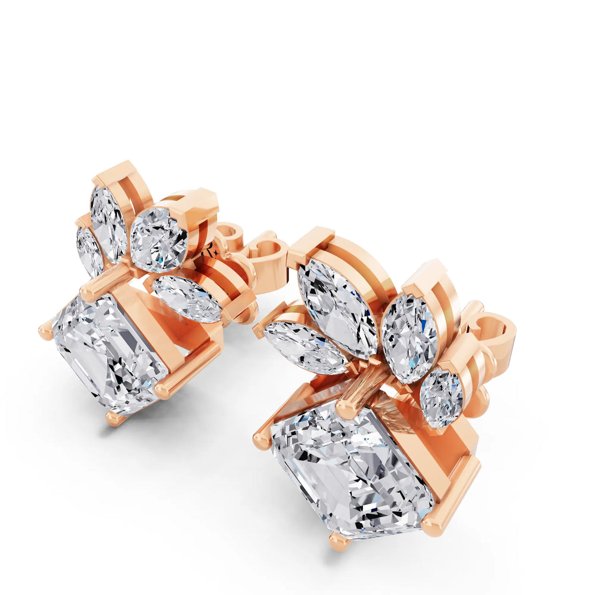 Rose Gold Lab Grown Diamond Asscher Three Stone Earrings, campaign image