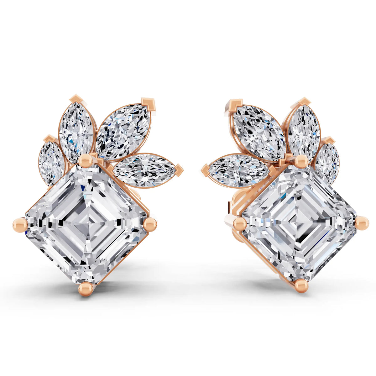 Rose Gold Lab Grown Diamond Asscher Three Stone Earrings, front view