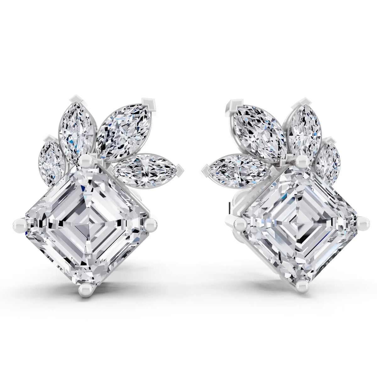 Lab Grown Diamond Asscher Three Stone Earrings, front view