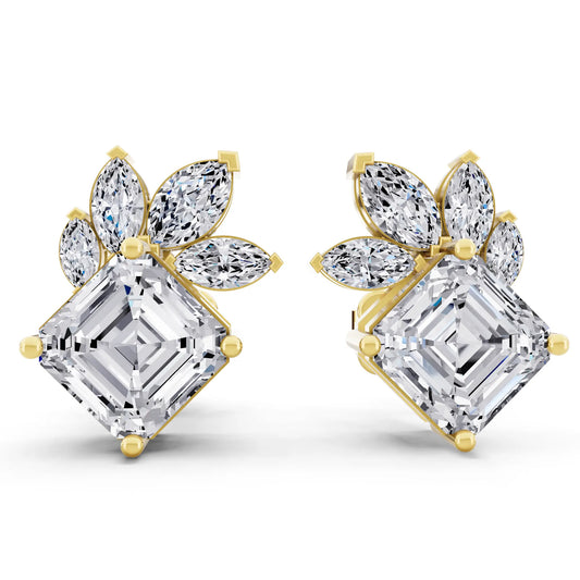 Yellow Gold Lab Grown Diamond Asscher Three Stone Earrings, front view
