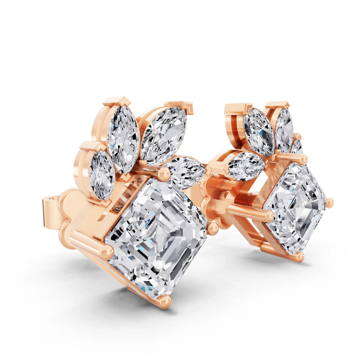 Rose Gold Lab Grown Diamond Asscher Three Stone Earrings, top view