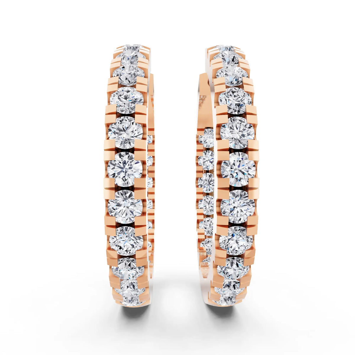 Rose Gold Pear Round Lab Grown Diamond Three-Stone Hoop Earrings, front view