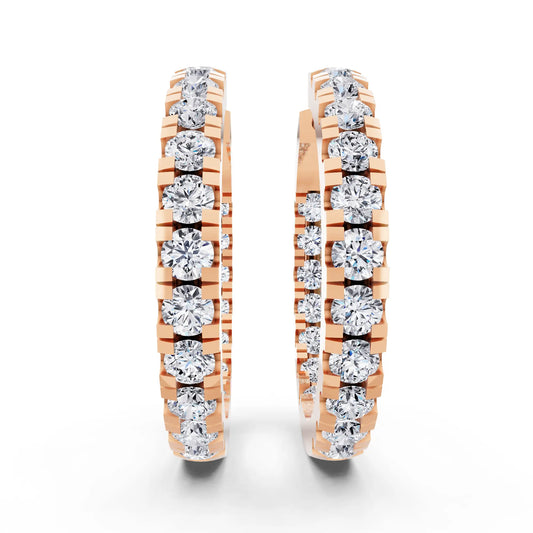 Rose Gold Pear Round Lab Grown Diamond Three-Stone Hoop Earrings, front view