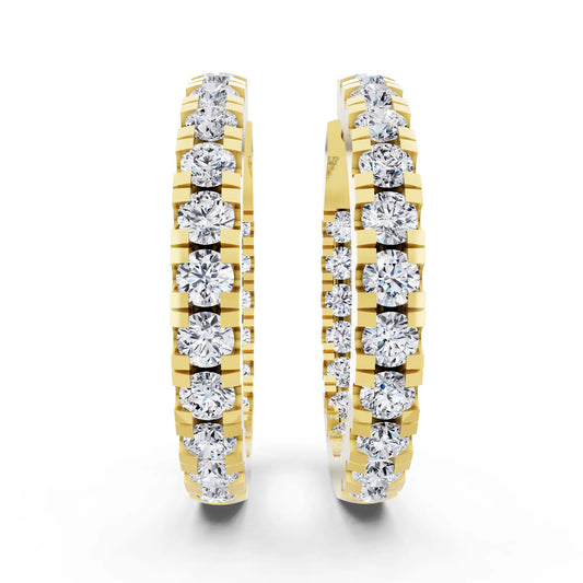 Yellow Gold Pear Round Lab Grown Diamond Three-Stone Hoop Earrings, front view