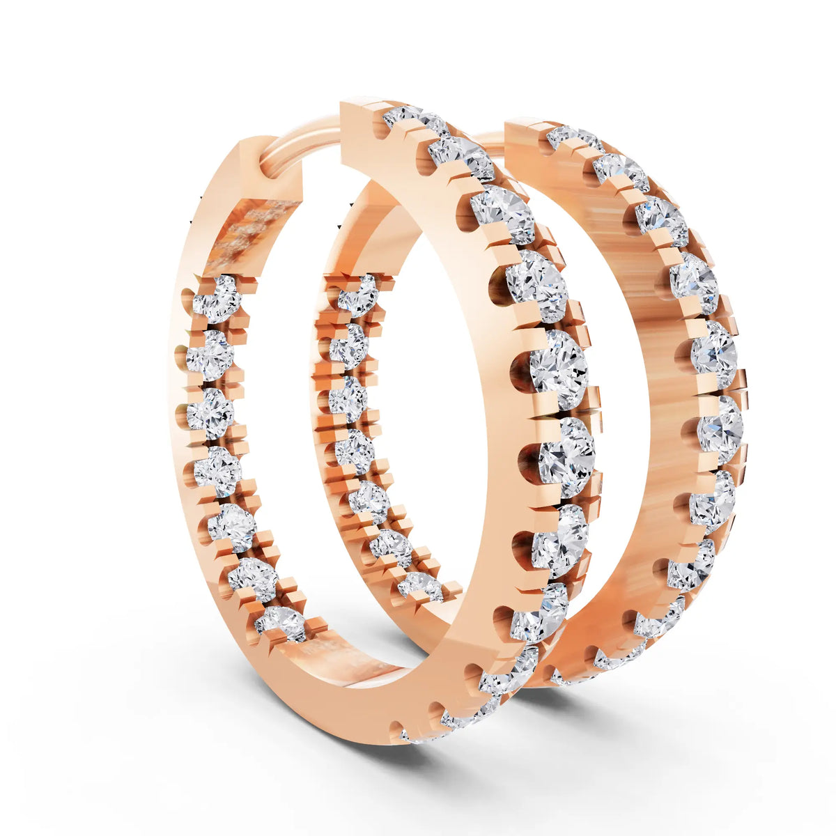 Rose Gold Pear Round Lab Grown Diamond Three-Stone Hoop Earrings, top view
