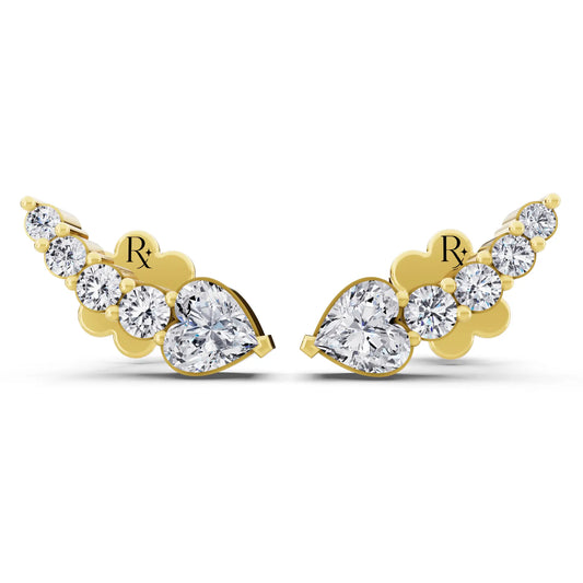 Yellow Gold Lab Grown Diamond Heart Three Stone Earrings, front view