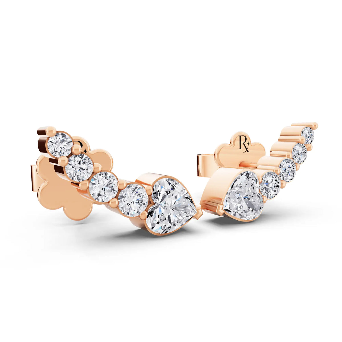 Rose Gold Lab Grown Diamond Heart Three Stone Earrings, top view