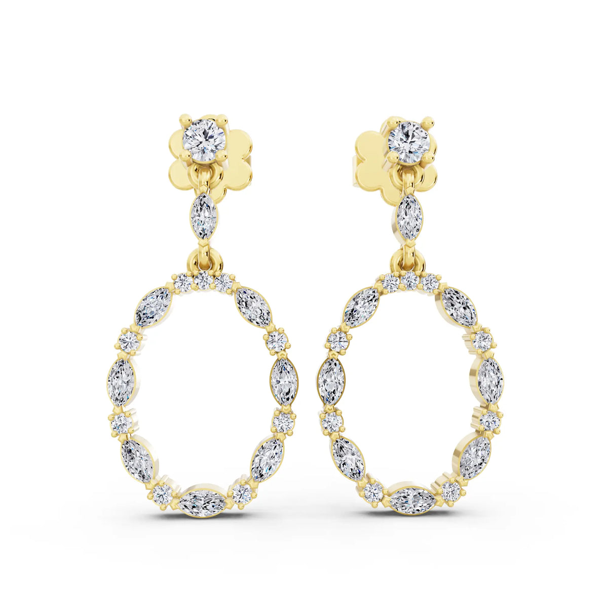 Yellow Gold Lab Grown Diamond Oval Hoop Drop Earrings, front view