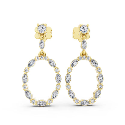 Yellow Gold Lab Grown Diamond Oval Hoop Drop Earrings, front view