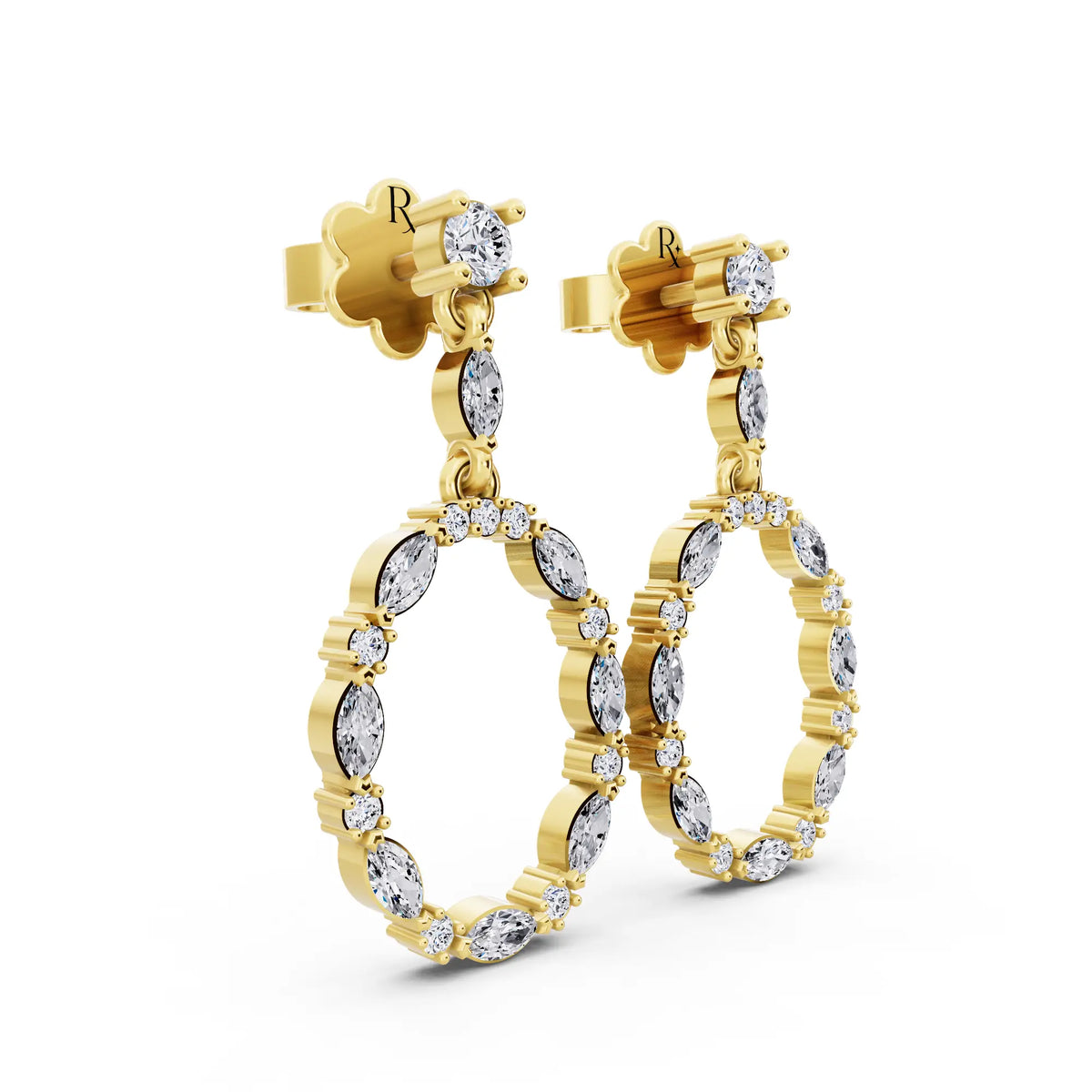 Yellow Gold Lab Grown Diamond Oval Hoop Drop Earrings, top view