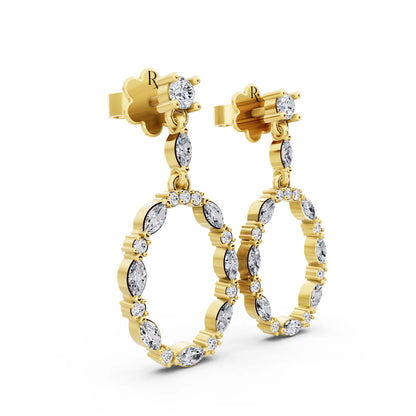 Yellow Gold Lab Grown Diamond Oval Hoop Drop Earrings, top view
