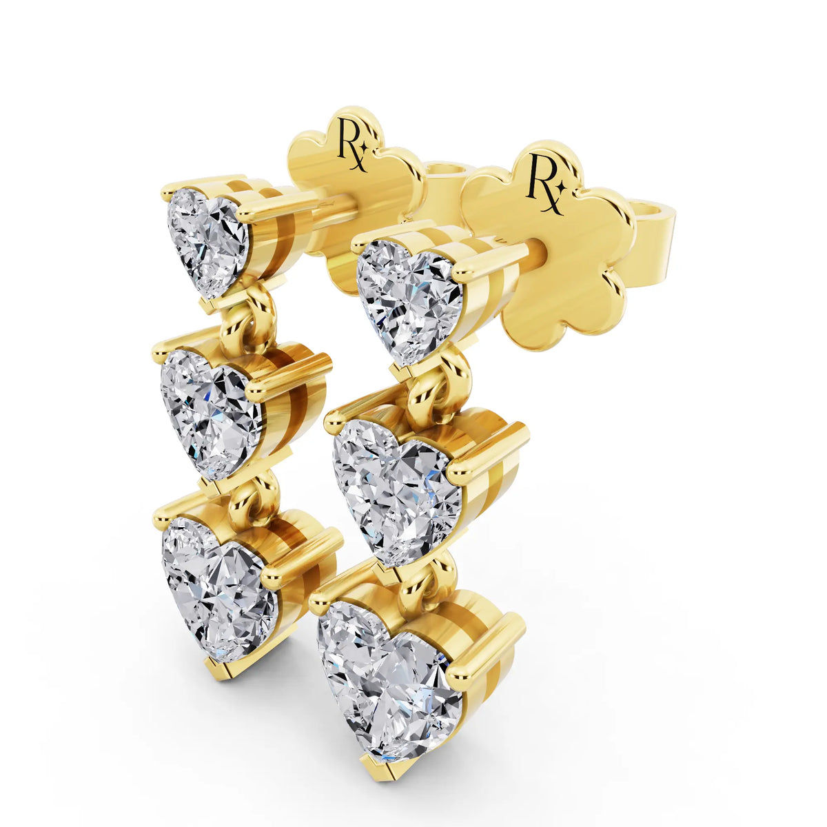 Yellow Gold Lab Grown Diamond Three Heart Drop Earrings, campaign image