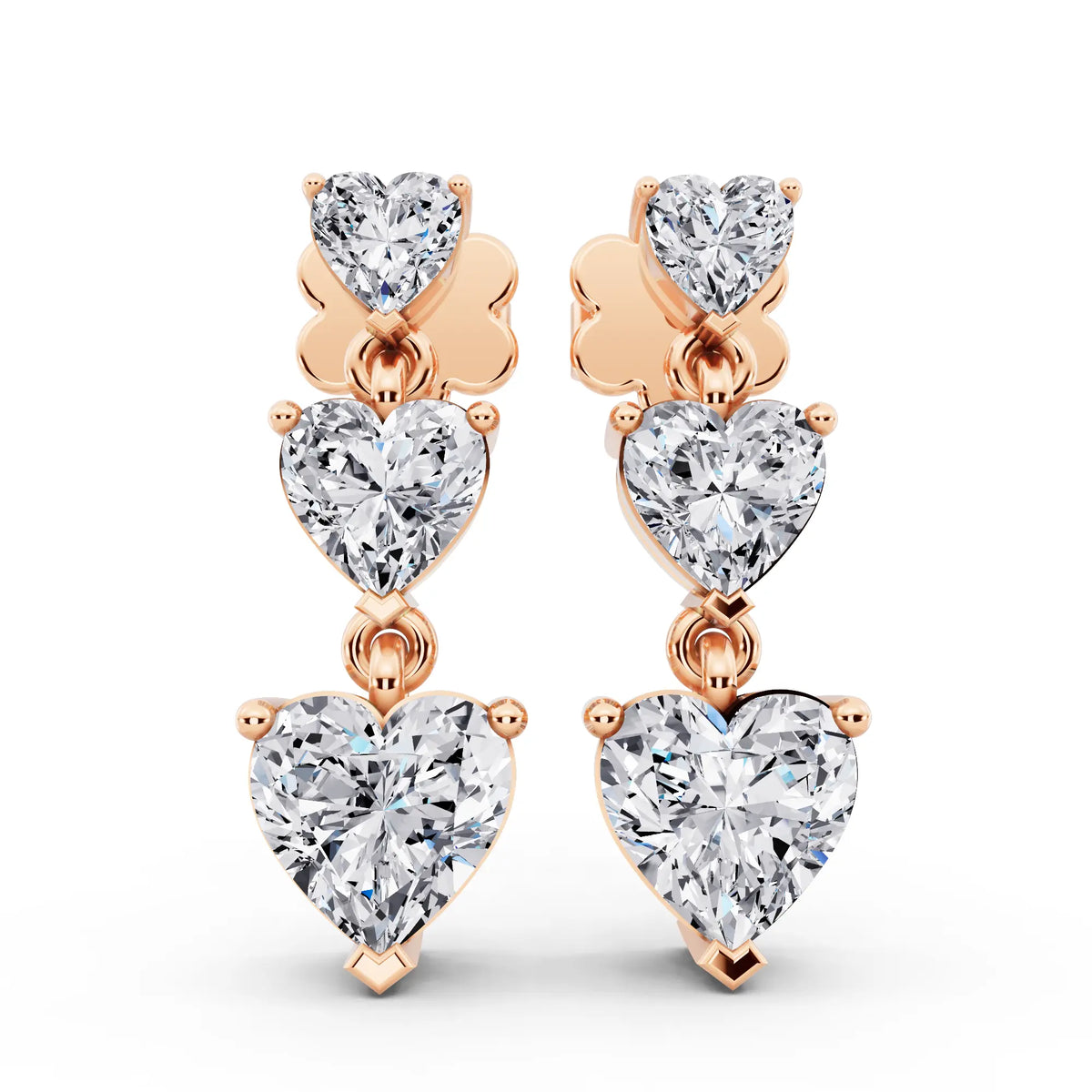 Rose Gold Lab Grown Diamond Three Heart Drop Earrings, front view