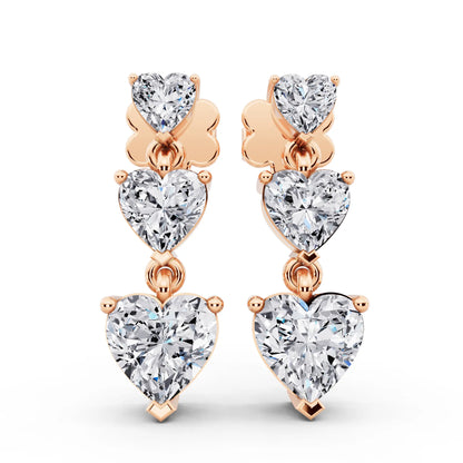 Rose Gold Lab Grown Diamond Three Heart Drop Earrings, front view
