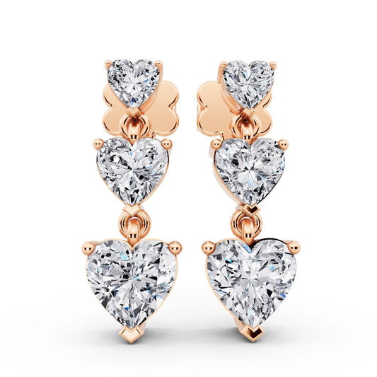 Rose Gold Lab Grown Diamond Three Heart Drop Earrings, front view