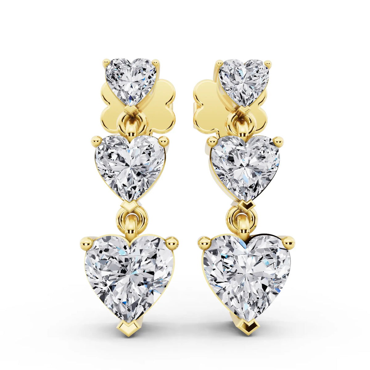 Yellow Gold Lab Grown Diamond Three Heart Drop Earrings, front view