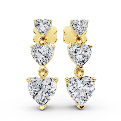 Yellow Gold Lab Grown Diamond Three Heart Drop Earrings, front view