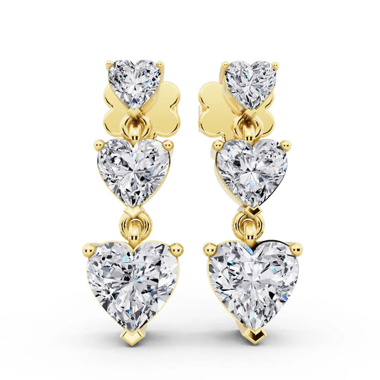 Yellow Gold Lab Grown Diamond Three Heart Drop Earrings, front view