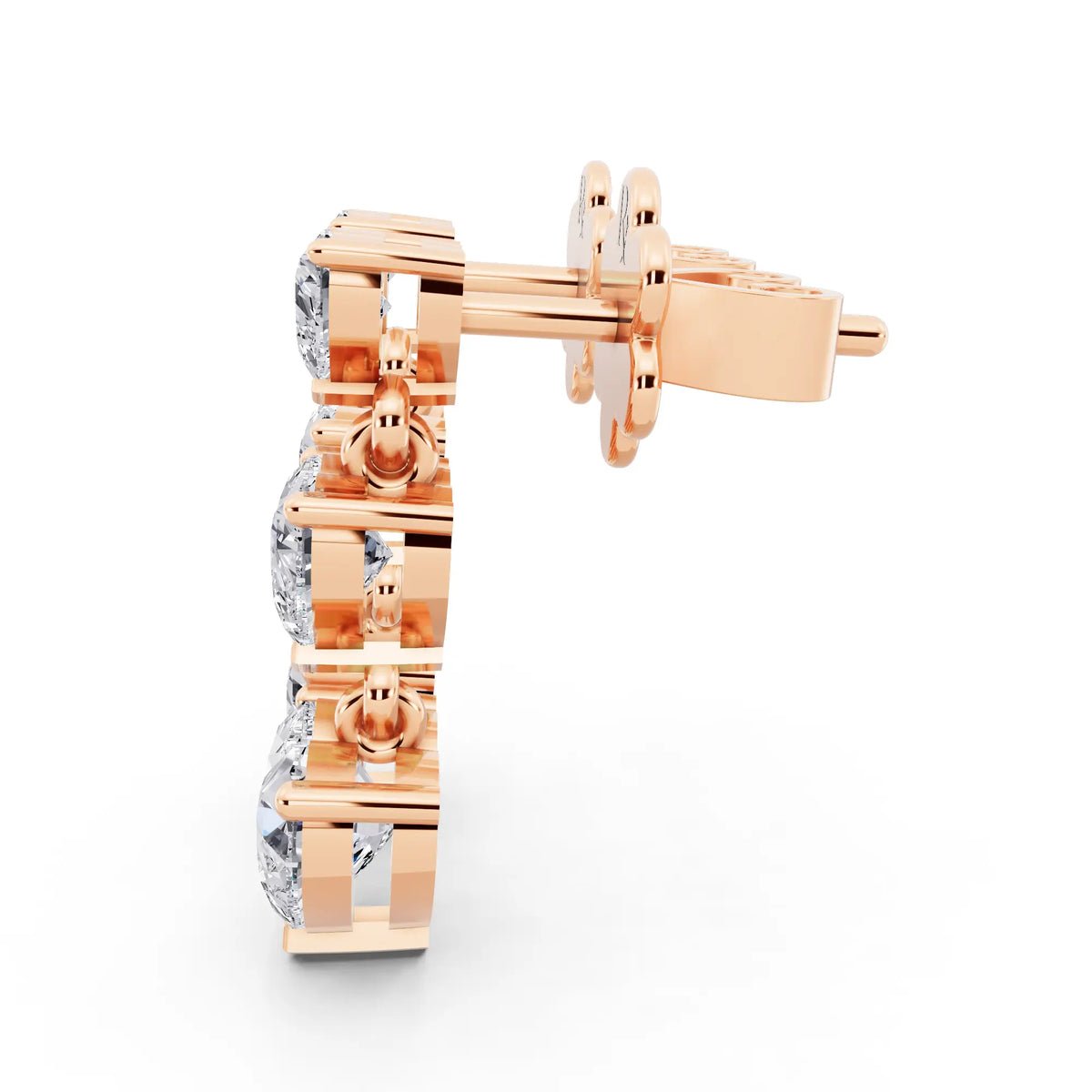 Rose Gold Lab Grown Diamond Three Heart Drop Earrings, right side view