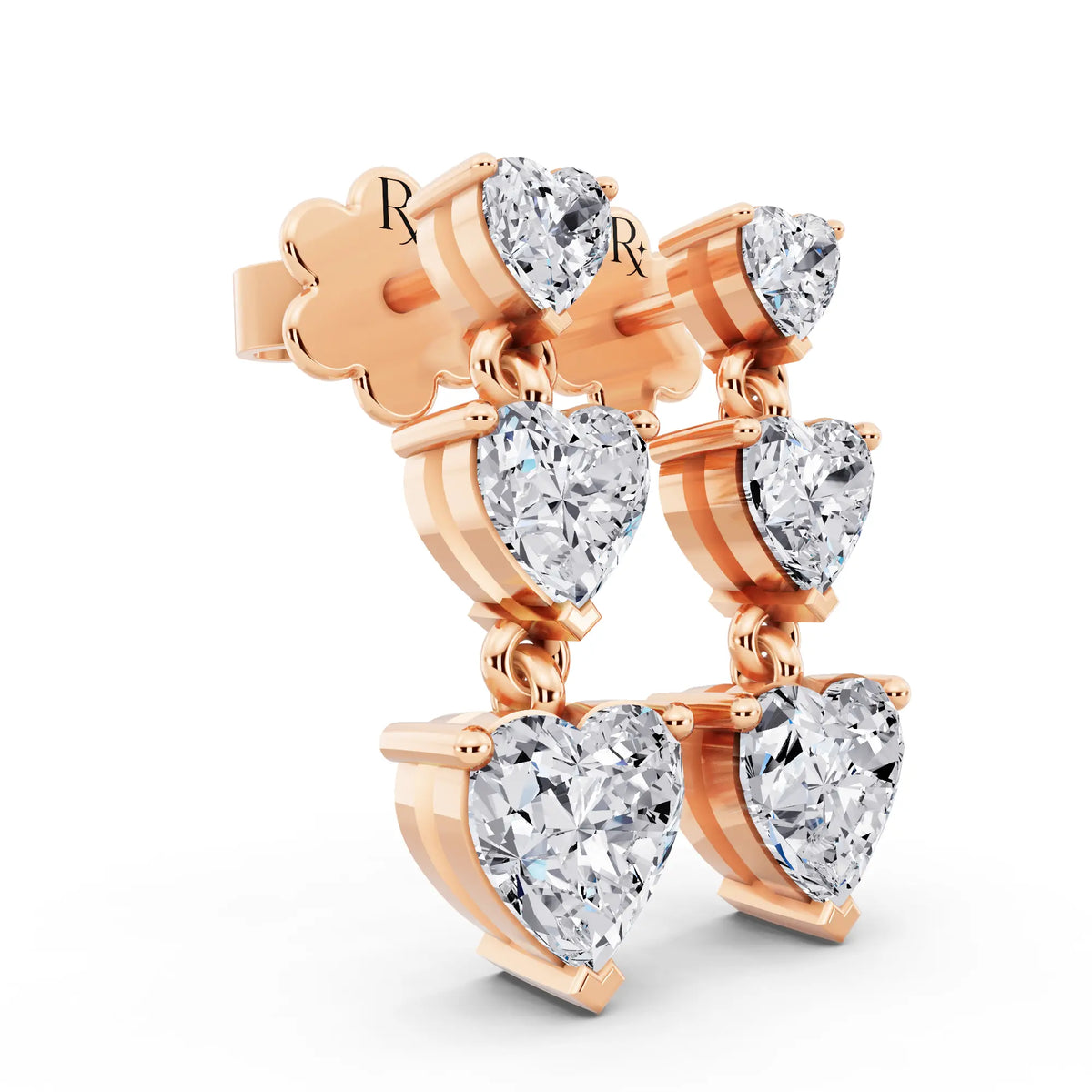 Rose Gold Lab Grown Diamond Three Heart Drop Earrings, top view