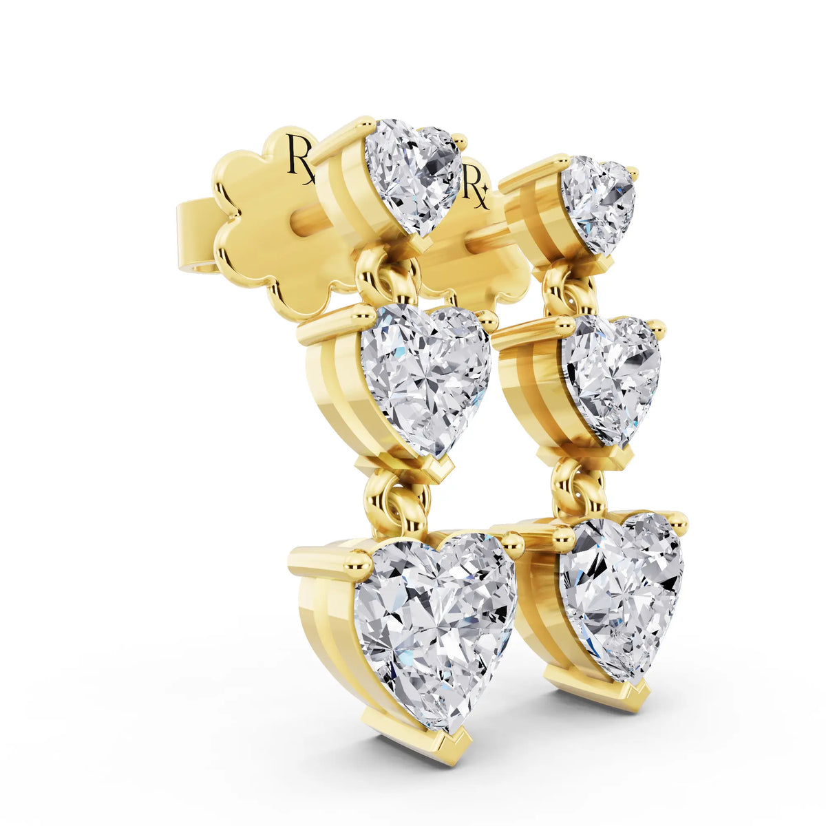 Yellow Gold Lab Grown Diamond Three Heart Drop Earrings, top view