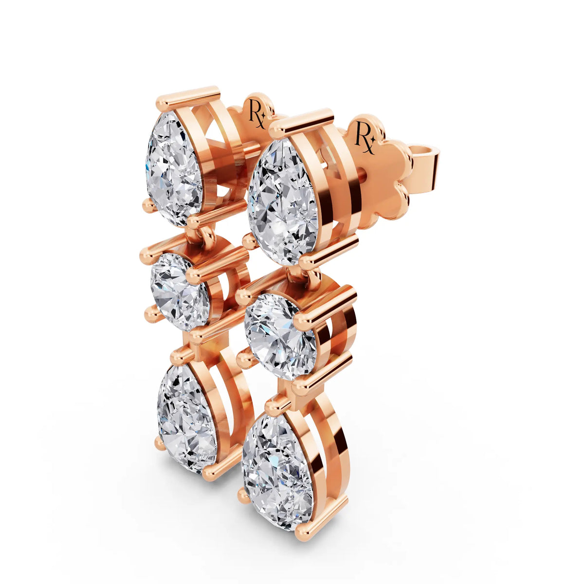 Rose Gold Lab Grown Diamond Pear Round Three Stone Earrings, campaign image