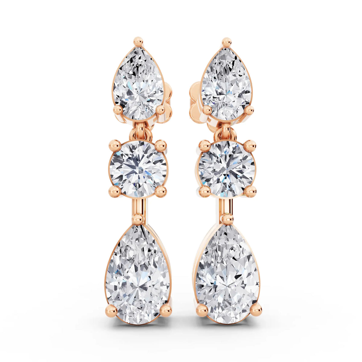 Rose Gold Lab Grown Diamond Pear Round Three Stone Earrings, front view