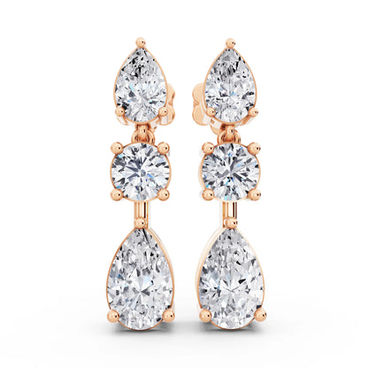 Rose Gold Lab Grown Diamond Pear Round Three Stone Earrings, front view