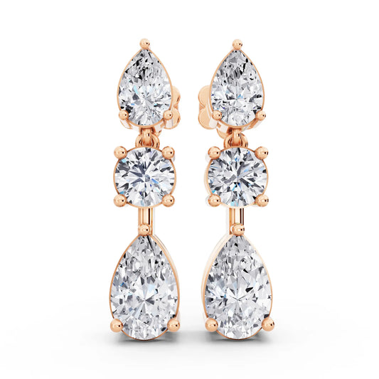Rose Gold Lab Grown Diamond Pear Round Three Stone Earrings, front view