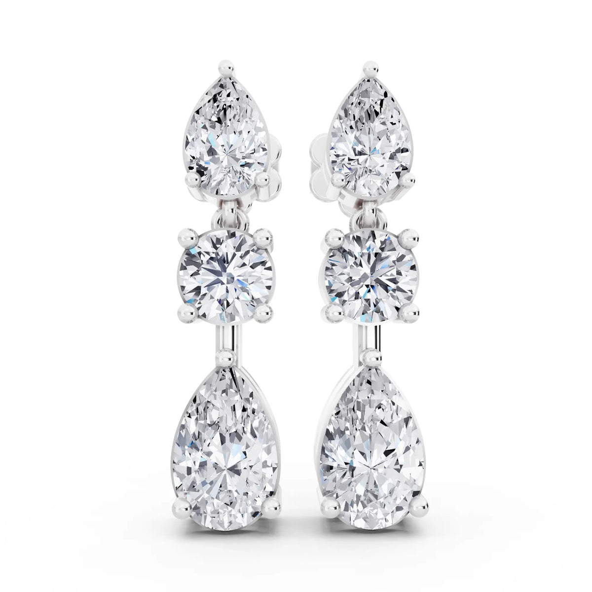 Lab Grown Diamond Pear Round Three Stone Earrings, front view