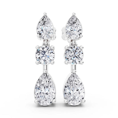 Lab Grown Diamond Pear Round Three Stone Earrings, front view