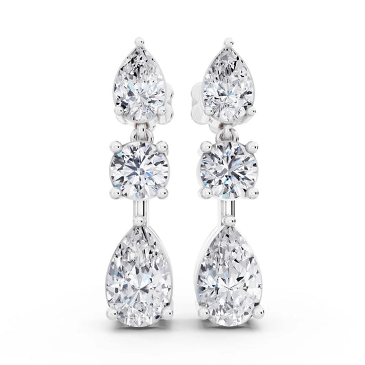 Lab Grown Diamond Pear Round Three Stone Earrings, front view