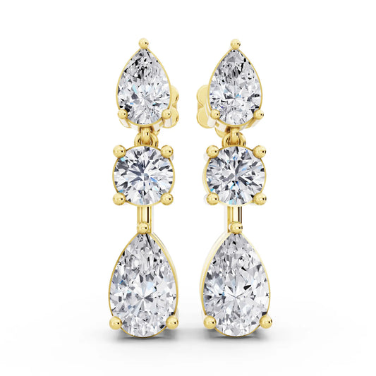 Yellow Gold Lab Grown Diamond Pear Round Three Stone Earrings, front view