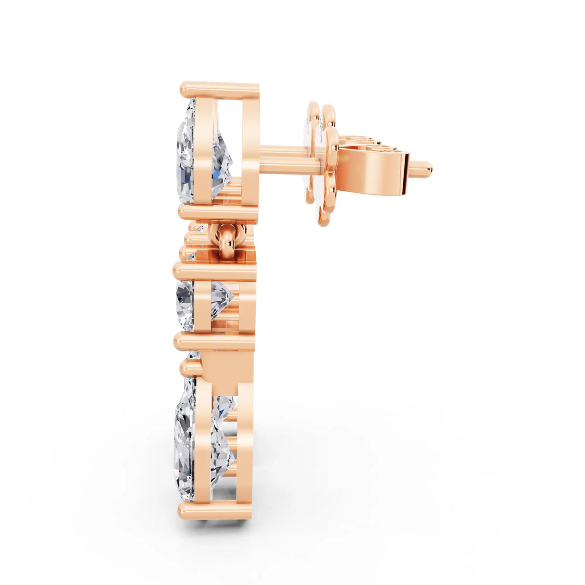 Rose Gold Lab Grown Diamond Pear Round Three Stone Earrings, right side view