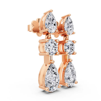 Rose Gold Lab Grown Diamond Pear Round Three Stone Earrings, top view