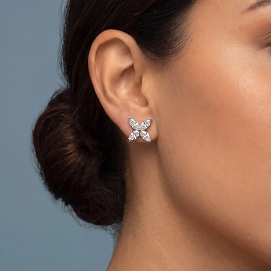 10KT Rose Gold Diamond Four Stone Earrings - worn close up