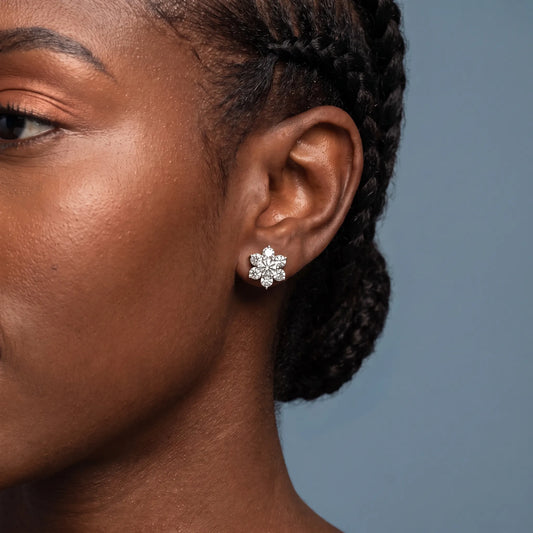 10KT Rose Gold Diamond Flower Cluster Earrings - worn close up
