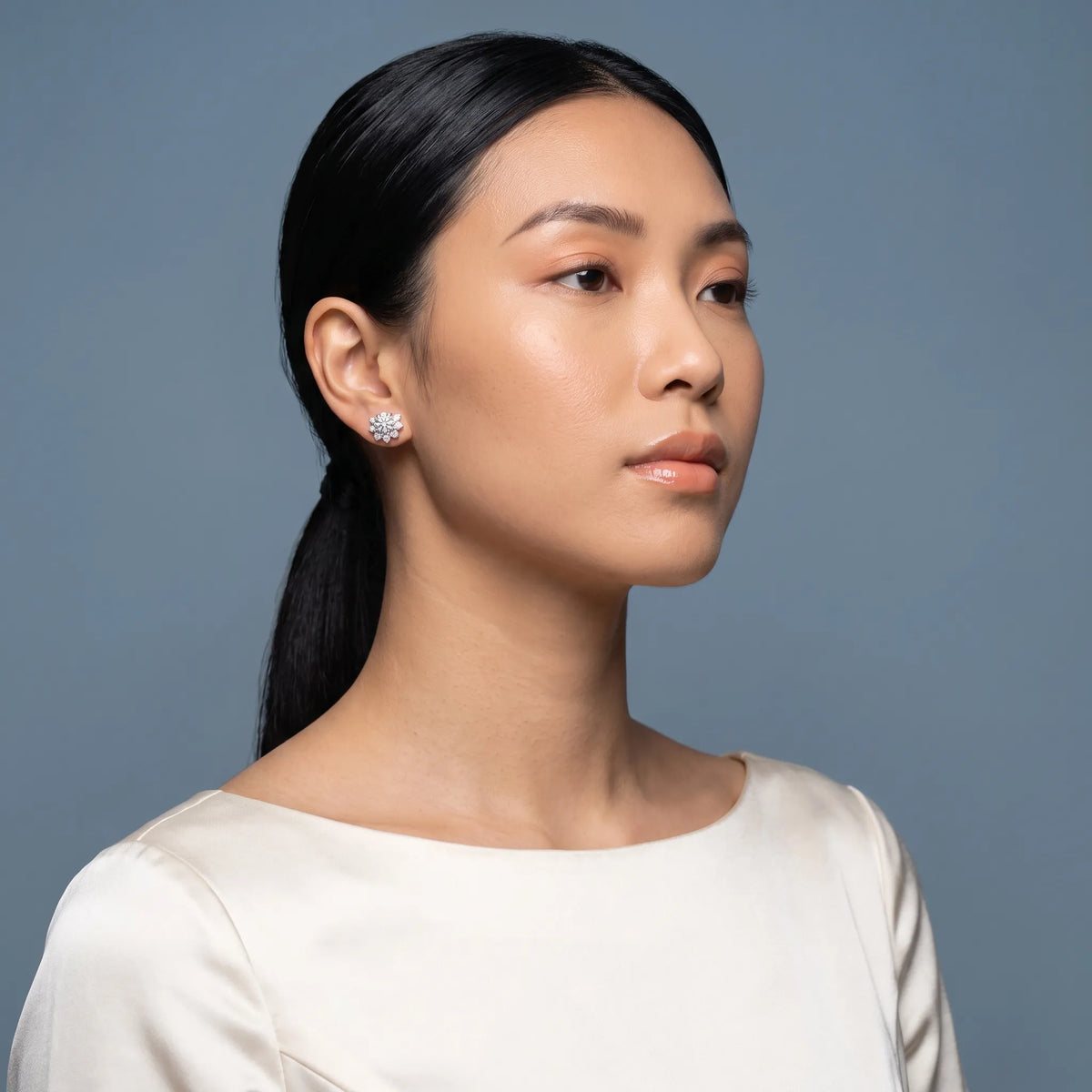 Silver Diamond Halo Earrings - model beauty shot
