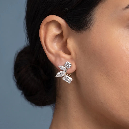 14KT Yellow Gold Diamond Multi-Stone Earrings - worn close up