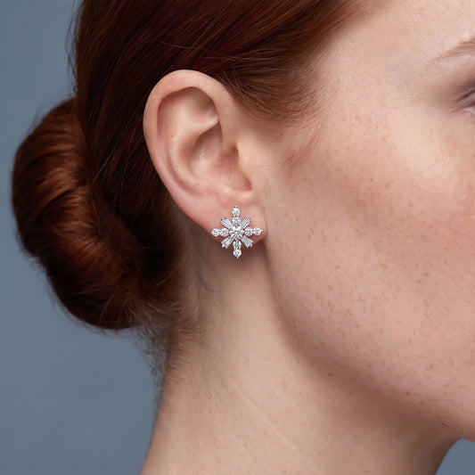 14KT Rose Gold Diamond Cross Cluster Earrings - worn close up