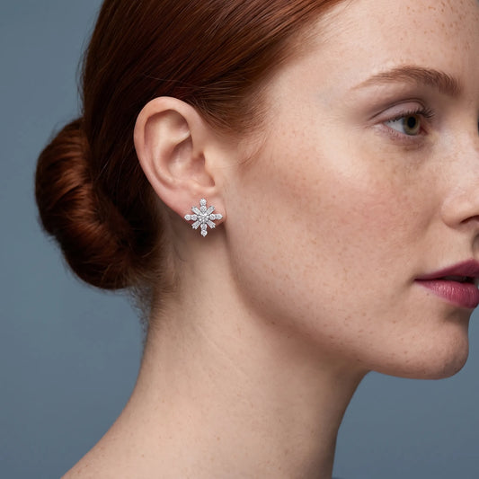 Silver Diamond Cross Cluster Earrings - worn close up