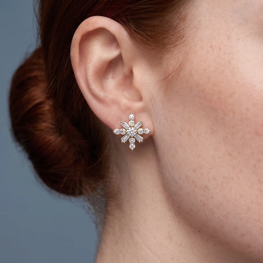 10KT Yellow Gold Diamond Cross Cluster Earrings - worn close up