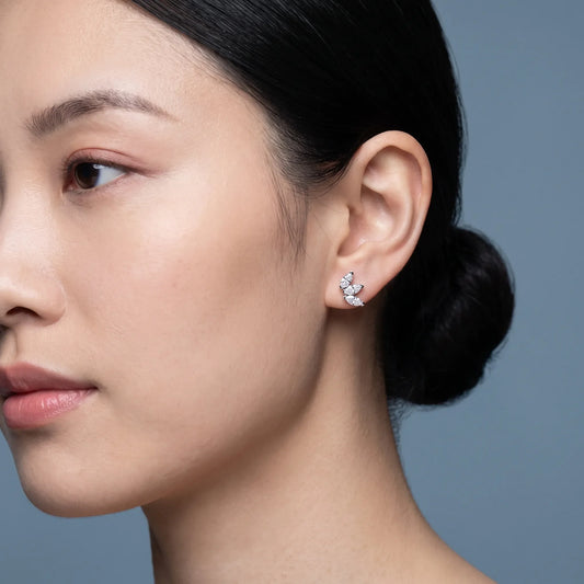 Silver Diamond Marquise Three Stone Earrings - worn close up