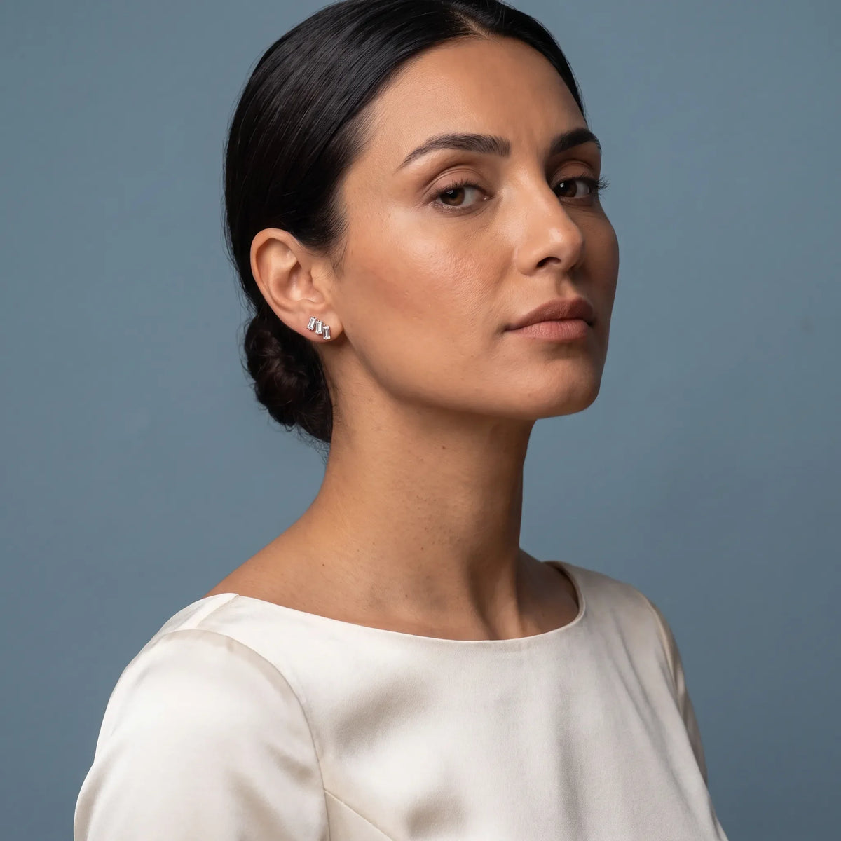 10KT Rose Gold Diamond Baguette Climber Earrings - model beauty shot