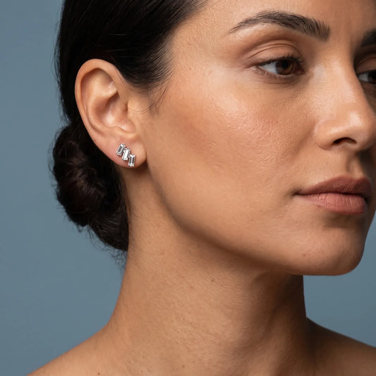 Platinum Diamond Baguette Climber Earrings - worn close up
