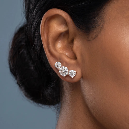 14KT Rose Gold Diamond Round Climber Earrings - worn close up