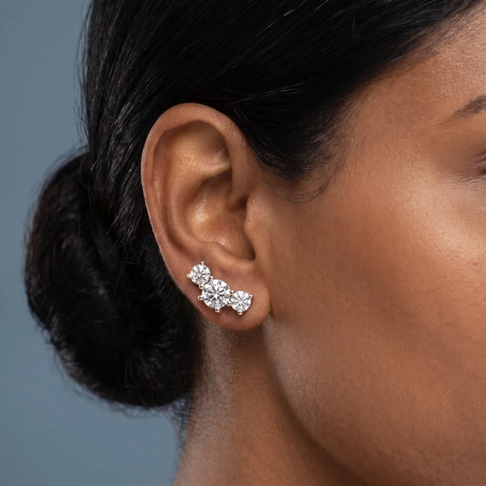 14KT Yellow Gold Diamond Round Climber Earrings - worn close up